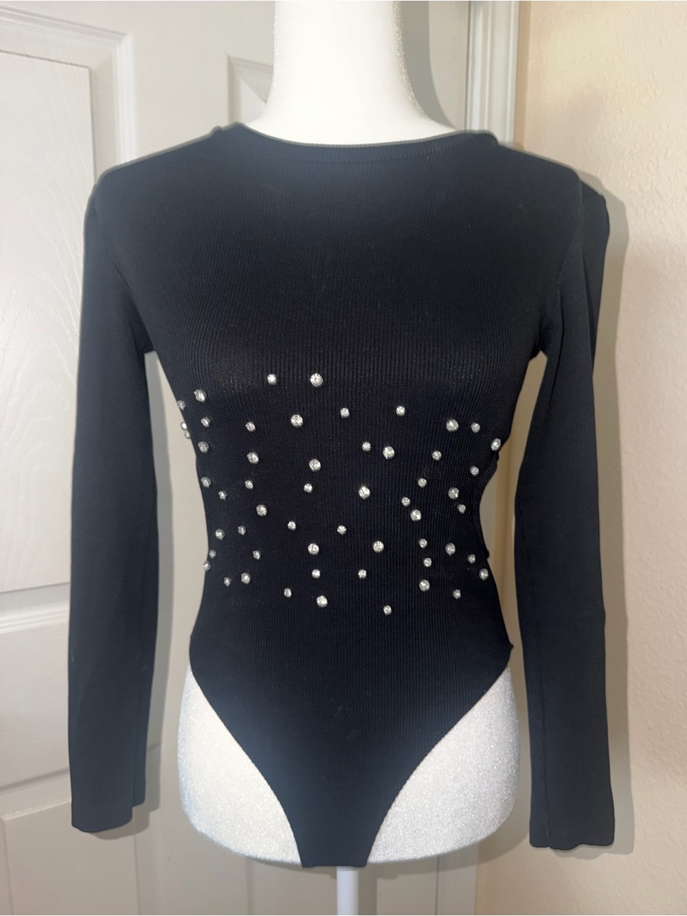 Zara Black Long-Sleeve Rhinestone-Embellished Bodysuit